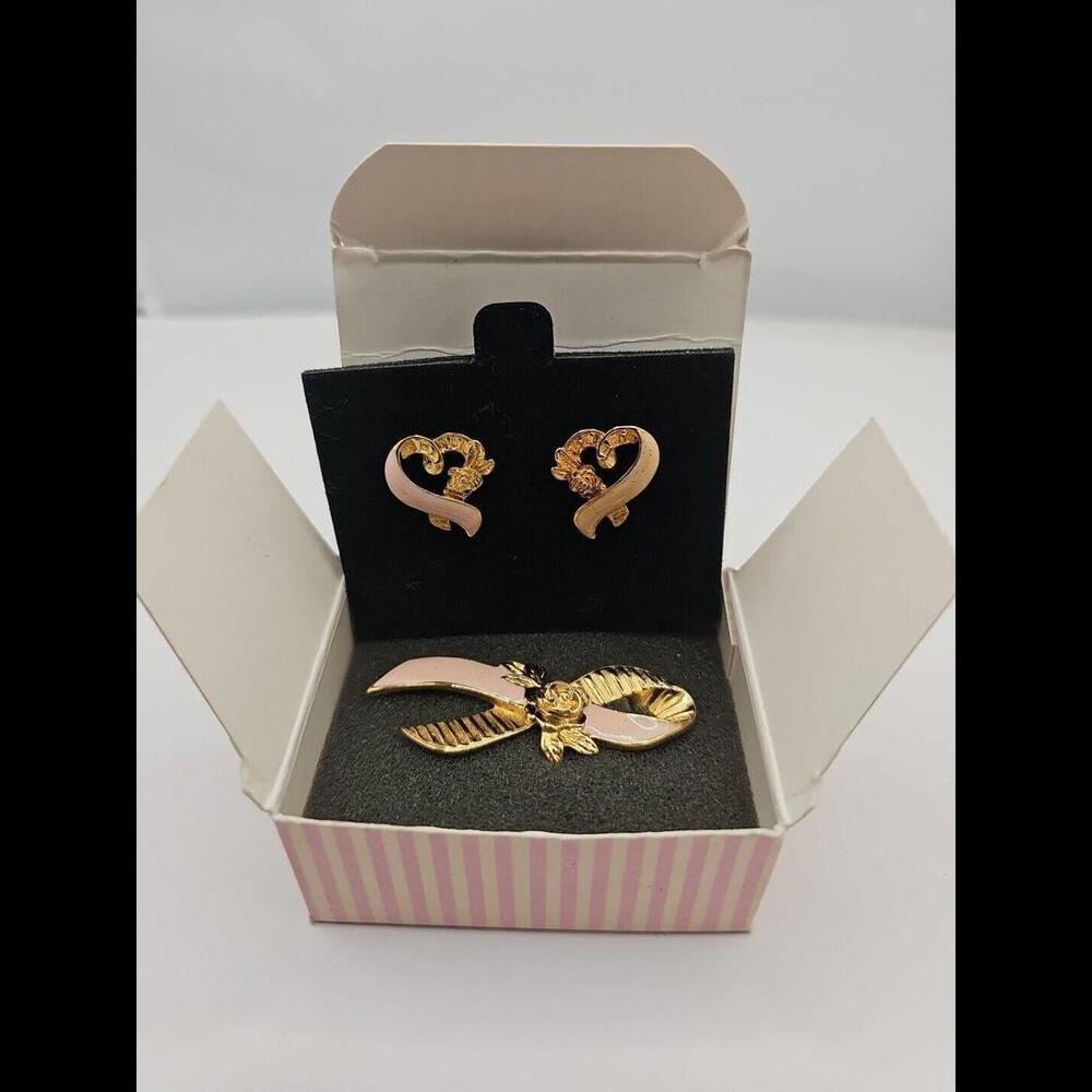 VINTAGE Avon SET OF‎ BREAST CANCER AWARENESS SIGNED PIN AND EARRINGS GOLD TONE